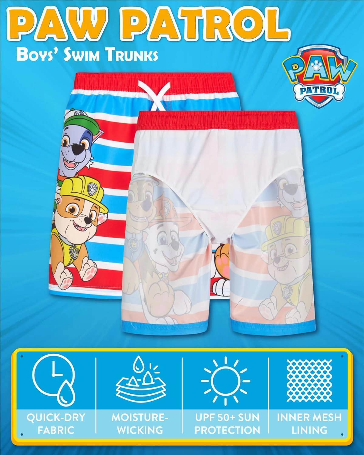 Nickelodeon Boys Swim Trunks - Paw Patrol Chase Marshall Rubble TMNT UPF 50  Quick Dry Boys Swim Shorts for Toddler & Big Kid