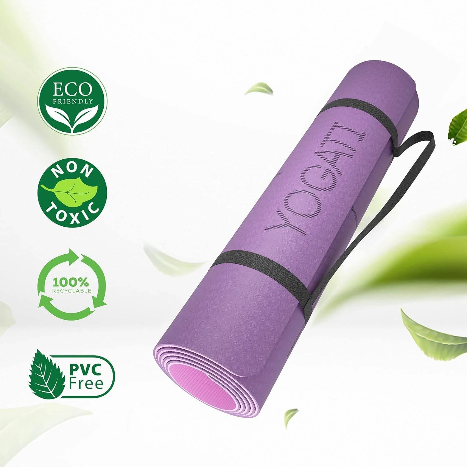 Non Slip Yoga Mats with Strap - Pilates & Exercise Mat for Home Workout