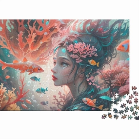 Ocean Girl 500 Pieces Fish and Girls for Adults Fun Jigsaw Puzzles Home Decoration Stress Relief Education Game Toy Intellectual Game Challenge Educational 500pcs (52x38cm)
