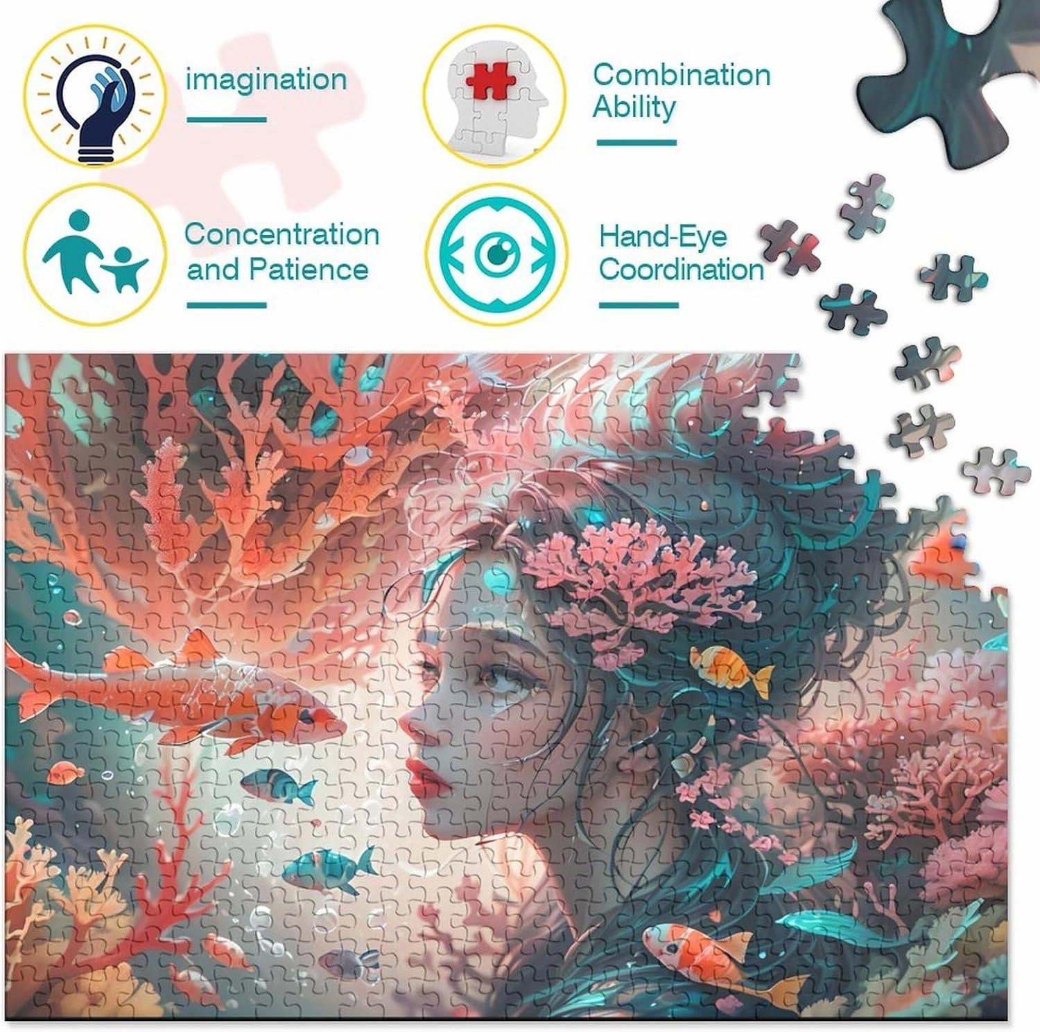Ocean Girl 500 Pieces Fish and Girls for Adults Fun Jigsaw Puzzles Home Decoration Stress Relief Education Game Toy Intellectual Game Challenge Educational 500pcs (52x38cm)