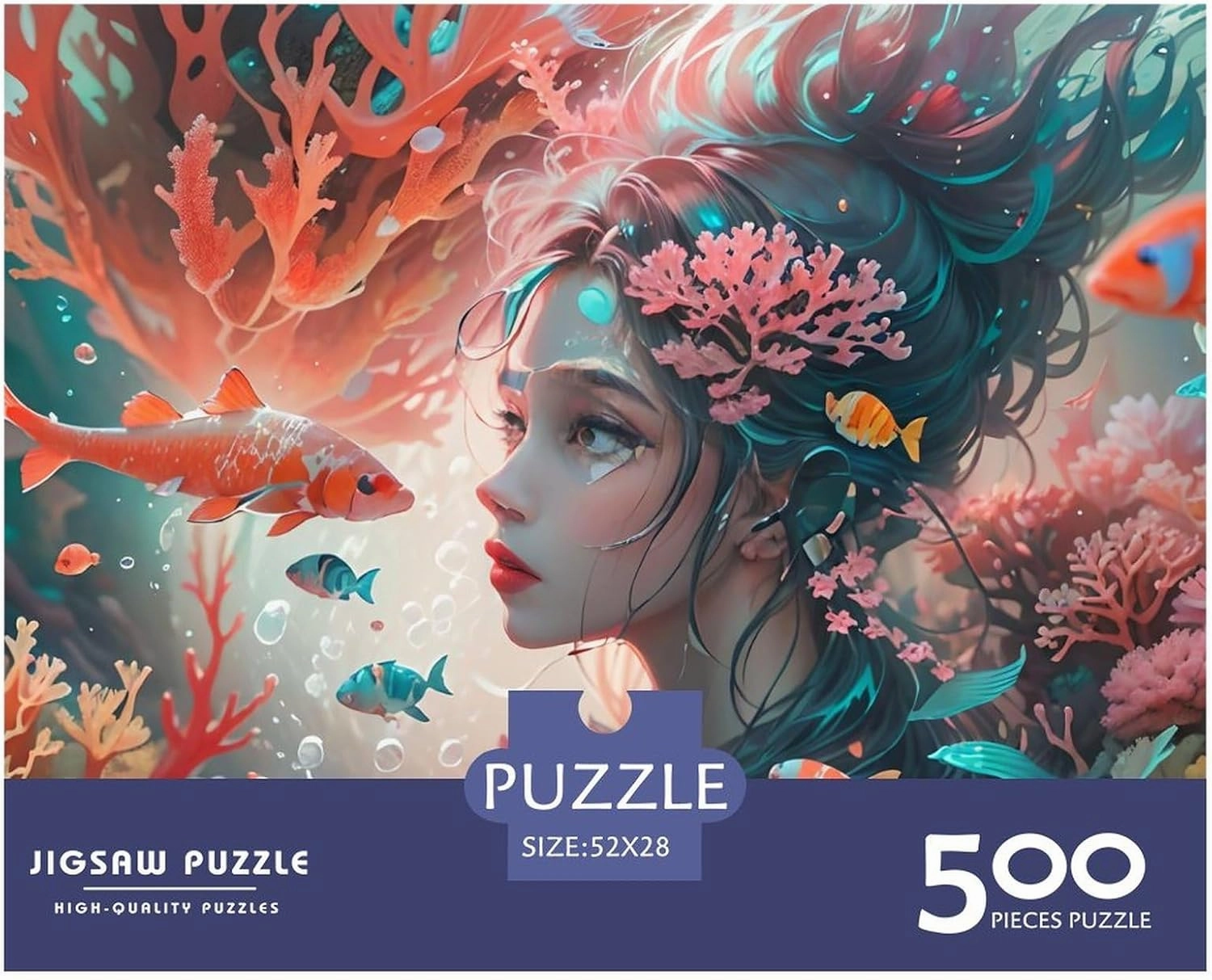 Ocean Girl 500 Pieces Fish and Girls for Adults Fun Jigsaw Puzzles Home Decoration Stress Relief Education Game Toy Intellectual Game Challenge Educational 500pcs (52x38cm)