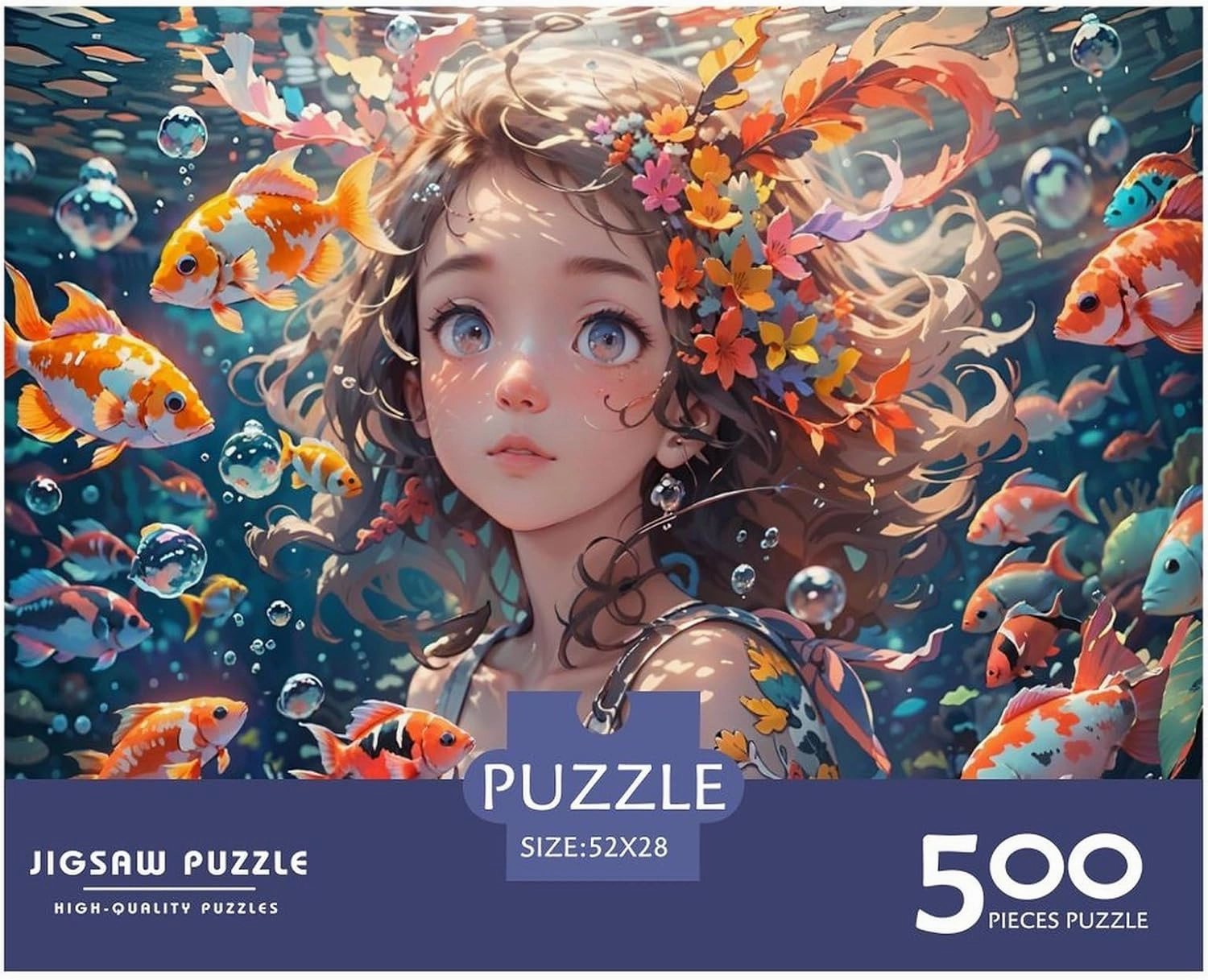 Ocean Girl for Adults Fun 500 Pieces Fish and Girls Jigsaw Puzzles Education Game Home Decoration Toy Intellectual Game Stress Relief Premium & Durable 500pcs (52x38cm)