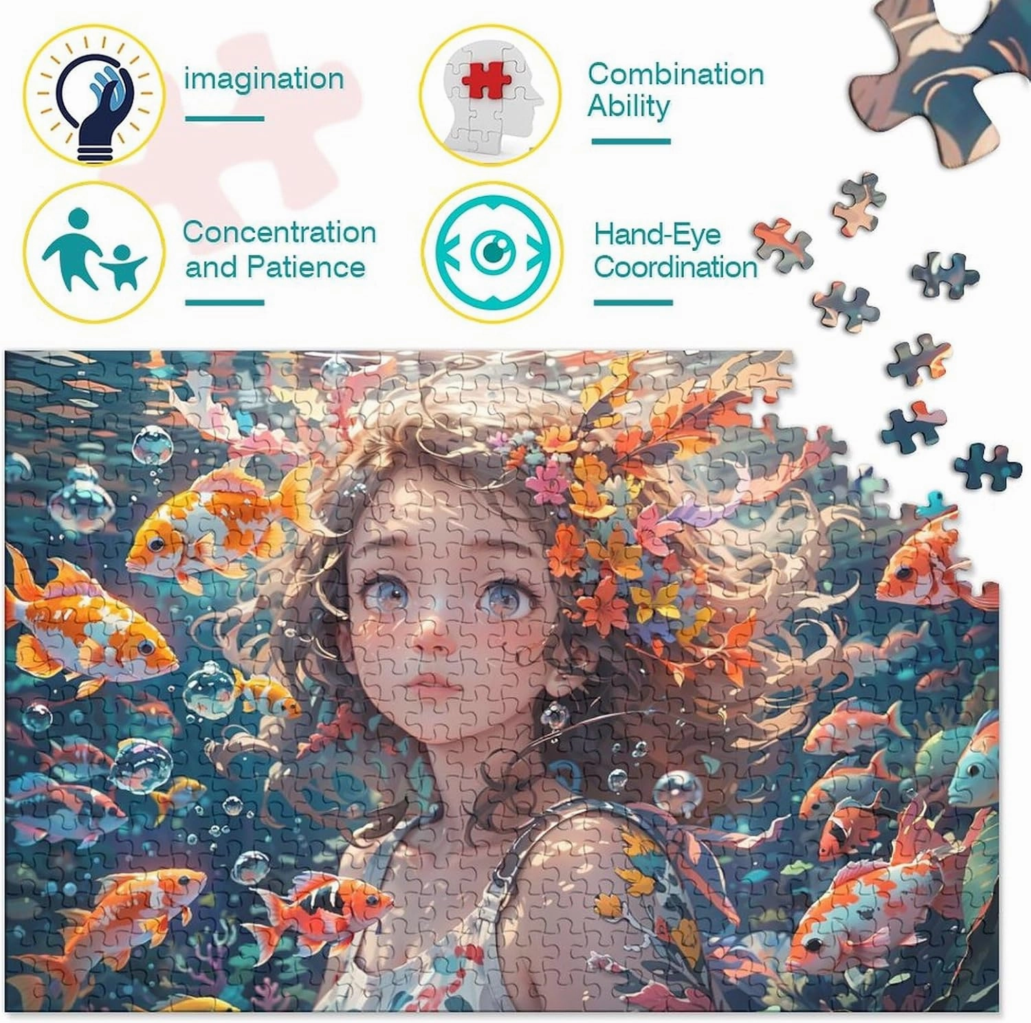 Ocean Girl for Adults Fun 500 Pieces Fish and Girls Jigsaw Puzzles Education Game Home Decoration Toy Intellectual Game Stress Relief Premium & Durable 500pcs (52x38cm)