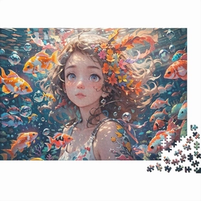 Ocean Girl for Adults Fun 500 Pieces Fish and Girls Jigsaw Puzzles Education Game Home Decoration Toy Intellectual Game Stress Relief Premium & Durable 500pcs (52x38cm)