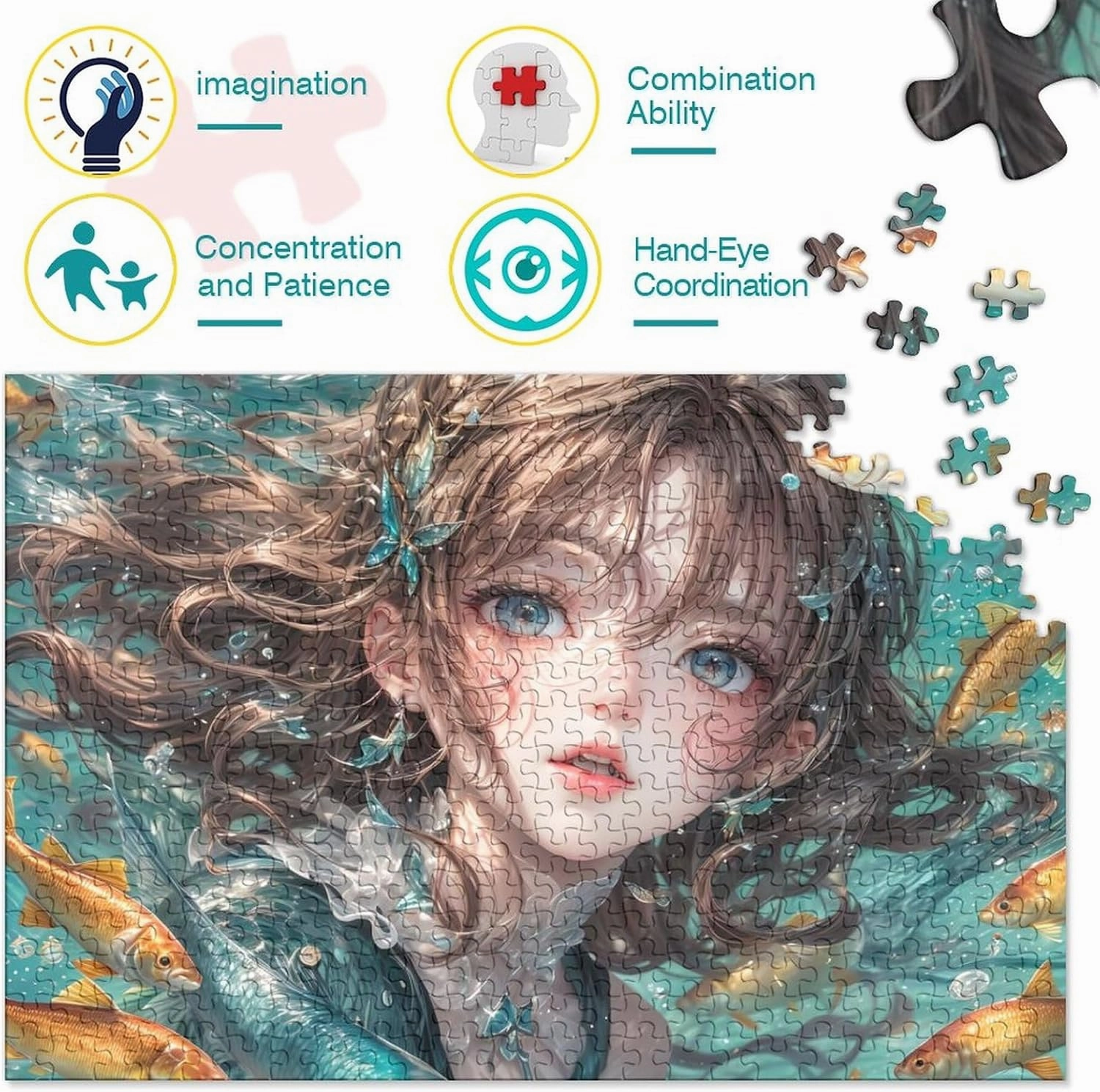 Ocean Girl for Adults Fun Jigsaw Puzzles 500 Piece Fish and Girls Toy Intellectual Game Stress Relief Toy Education Game Home Decoration Challenge Educational 500pcs (52x38cm)