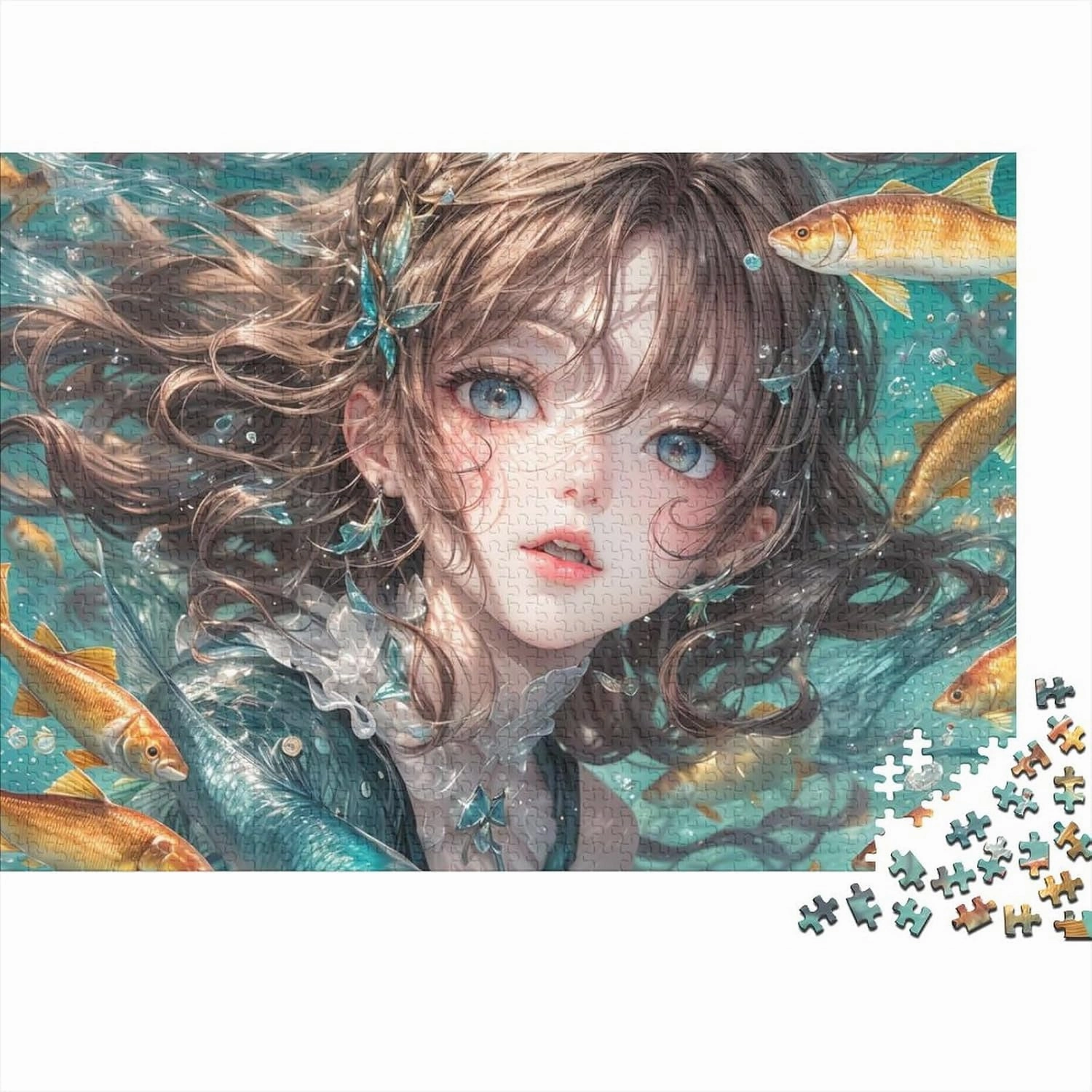 Ocean Girl for Adults Fun Jigsaw Puzzles 500 Piece Fish and Girls Toy Intellectual Game Stress Relief Toy Education Game Home Decoration Challenge Educational 500pcs (52x38cm)