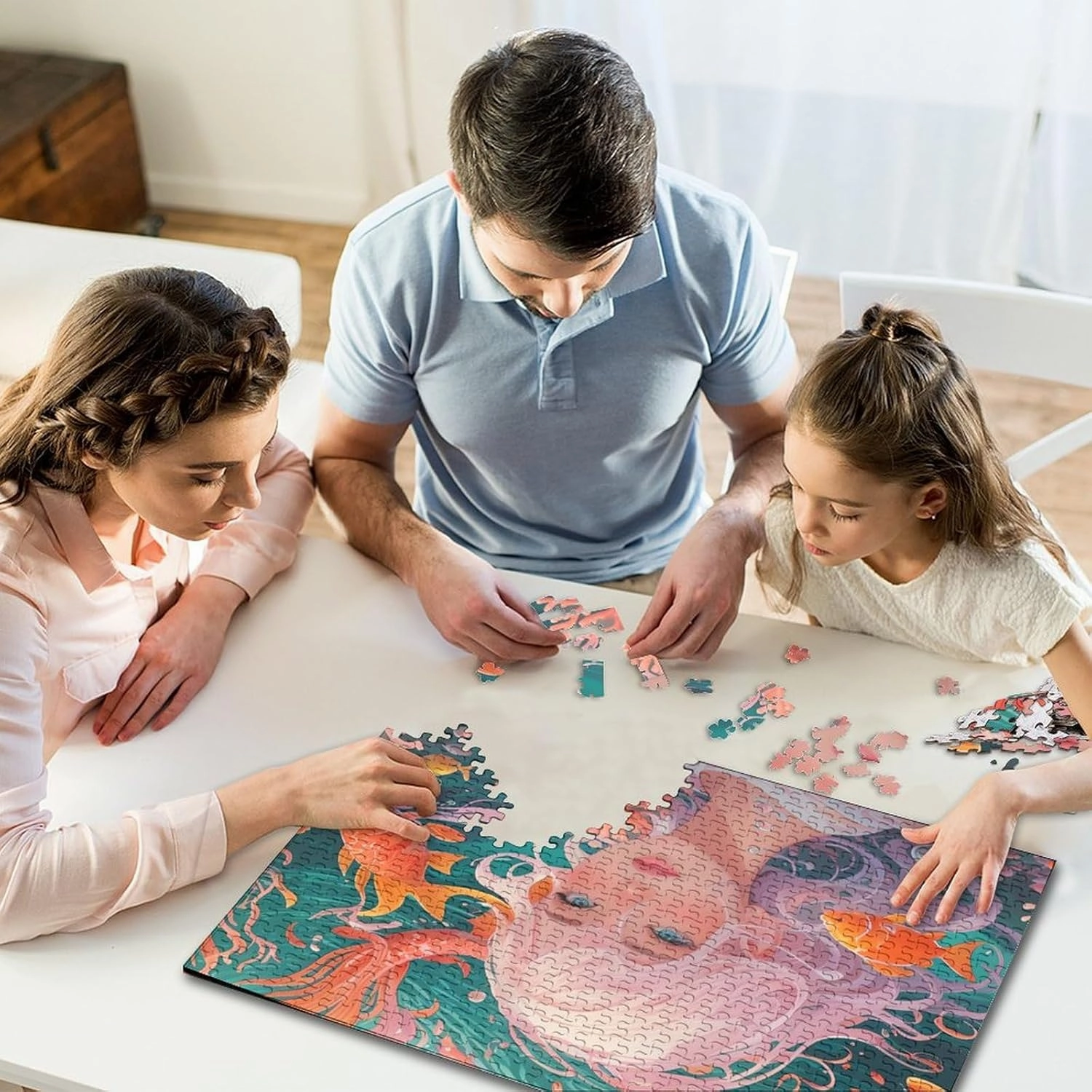 Ocean Girl Jigsaw Puzzle for Adults Fun 1000 Pieces Fish and Girls Stress Relief Toy Education Game Toy Intellectual Game Decoration Challenge Educational 1000pcs (75x50cm)