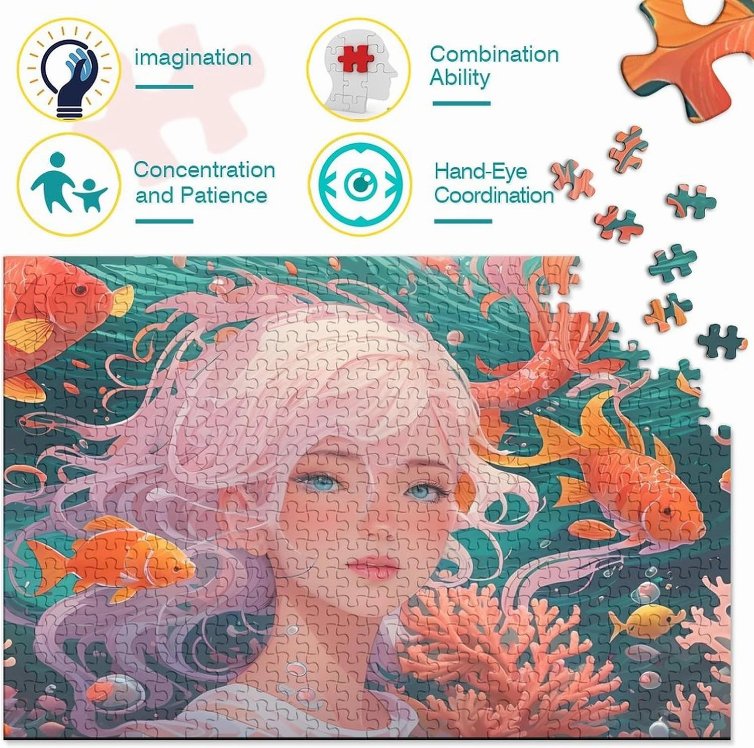 Ocean Girl Jigsaw Puzzle for Adults Fun 1000 Pieces Fish and Girls Stress Relief Toy Education Game Toy Intellectual Game Decoration Challenge Educational 1000pcs (75x50cm)
