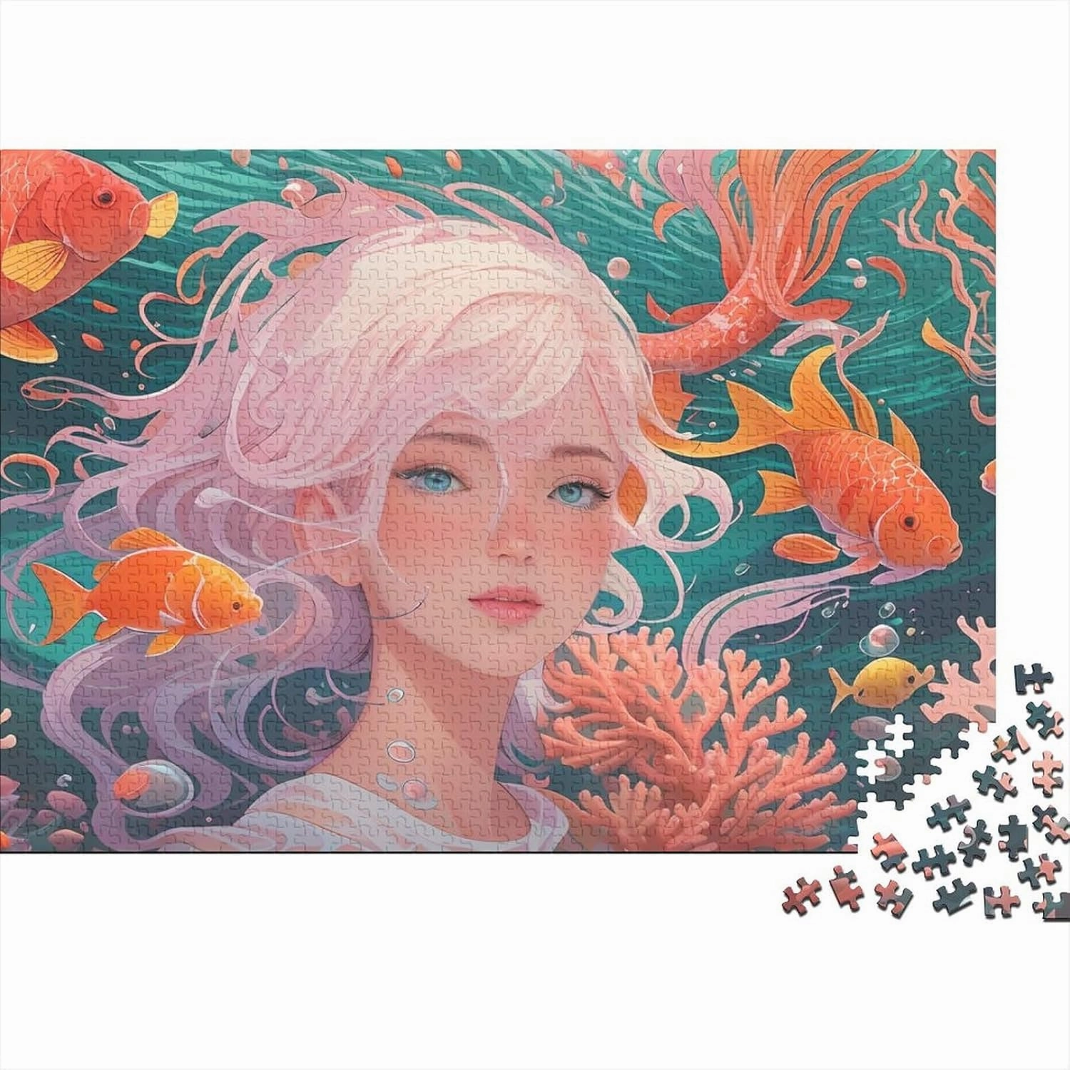 Ocean Girl Jigsaw Puzzle for Adults Fun 1000 Pieces Fish and Girls Stress Relief Toy Education Game Toy Intellectual Game Decoration Challenge Educational 1000pcs (75x50cm)