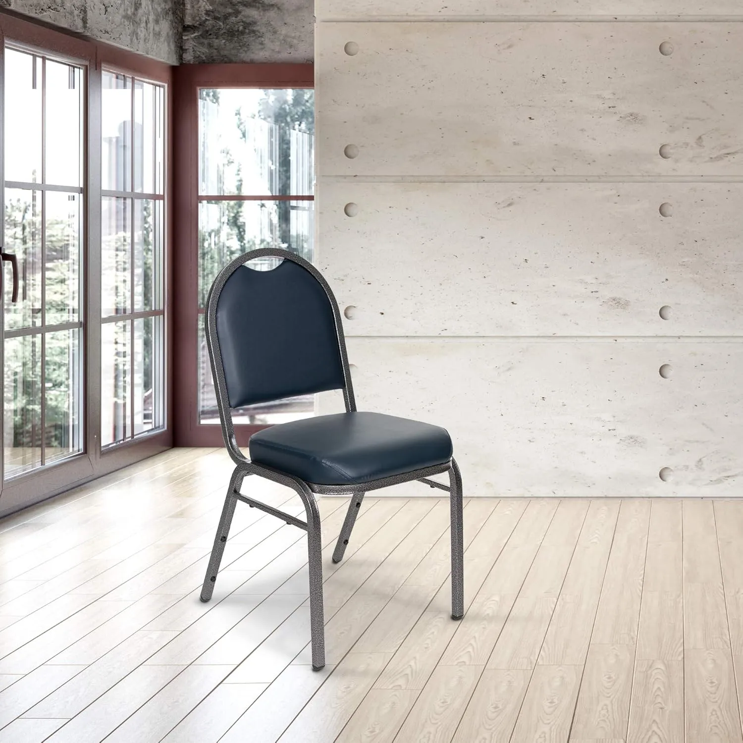 OEF Furnishings (Pack of 2) Premium Vinyl Upholstered Stack Banquet Chair, Blue/Silver