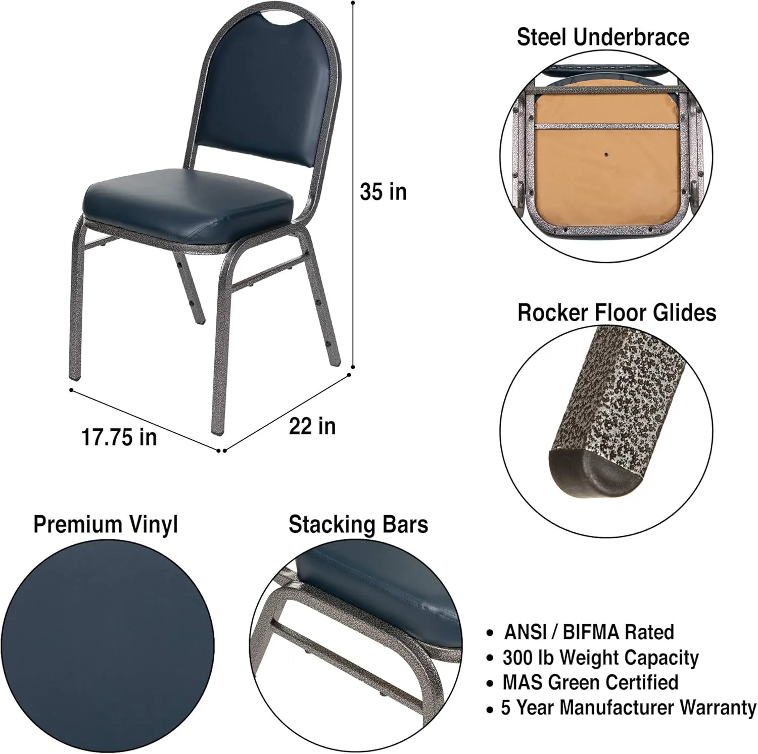 OEF Furnishings (Pack of 2) Premium Vinyl Upholstered Stack Banquet Chair, Blue/Silver