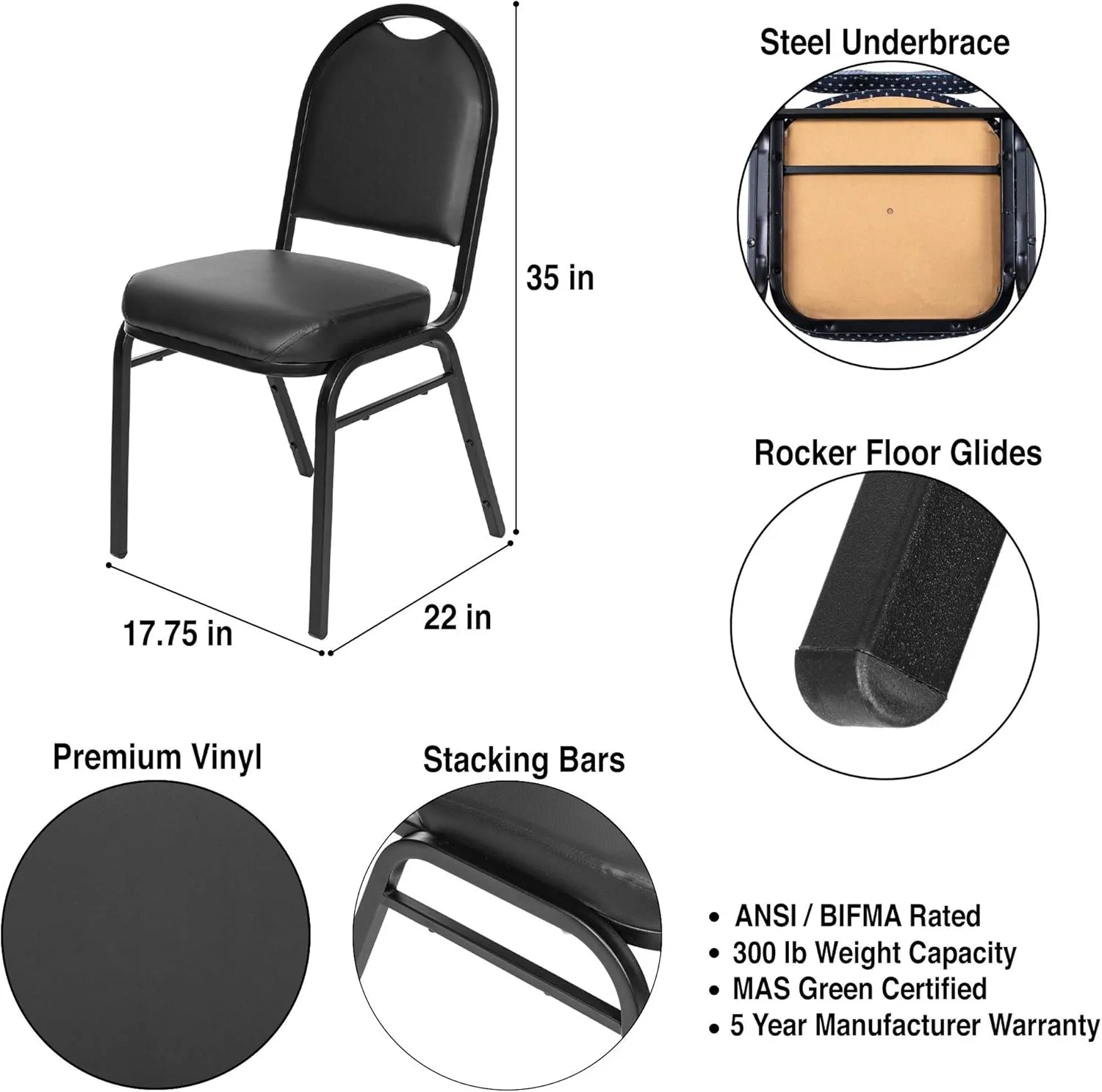 OEF Furnishings Premium Vinyl Upholstered Stack Banquet Chair, Pack of 2, Black/Black