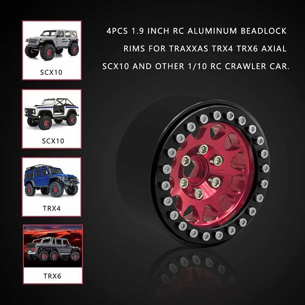 OGRC 4PCS Beadlock Rims 1.9 Inch Wheels RC Rim Hub Aluminum Beadlock Rims for Traxxas TRX4 TRX6 Redcat GEN7 GEN8 Rc4wd D90 Axial SCX10 SCX10 II 90046 SCX10 III AXI03007 12mm Hex 1/10 RC Crawler