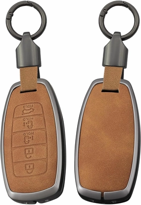 ontto Leather Car Key Holder Fit for Hyundai i30 Car Accessories,Durable Key Fob Cover for Ix25 Ix35 Elantra Encino Kona Solaris Azera Grandeur Ig TM Accent Santa Fe Palisade,5-Button Brown