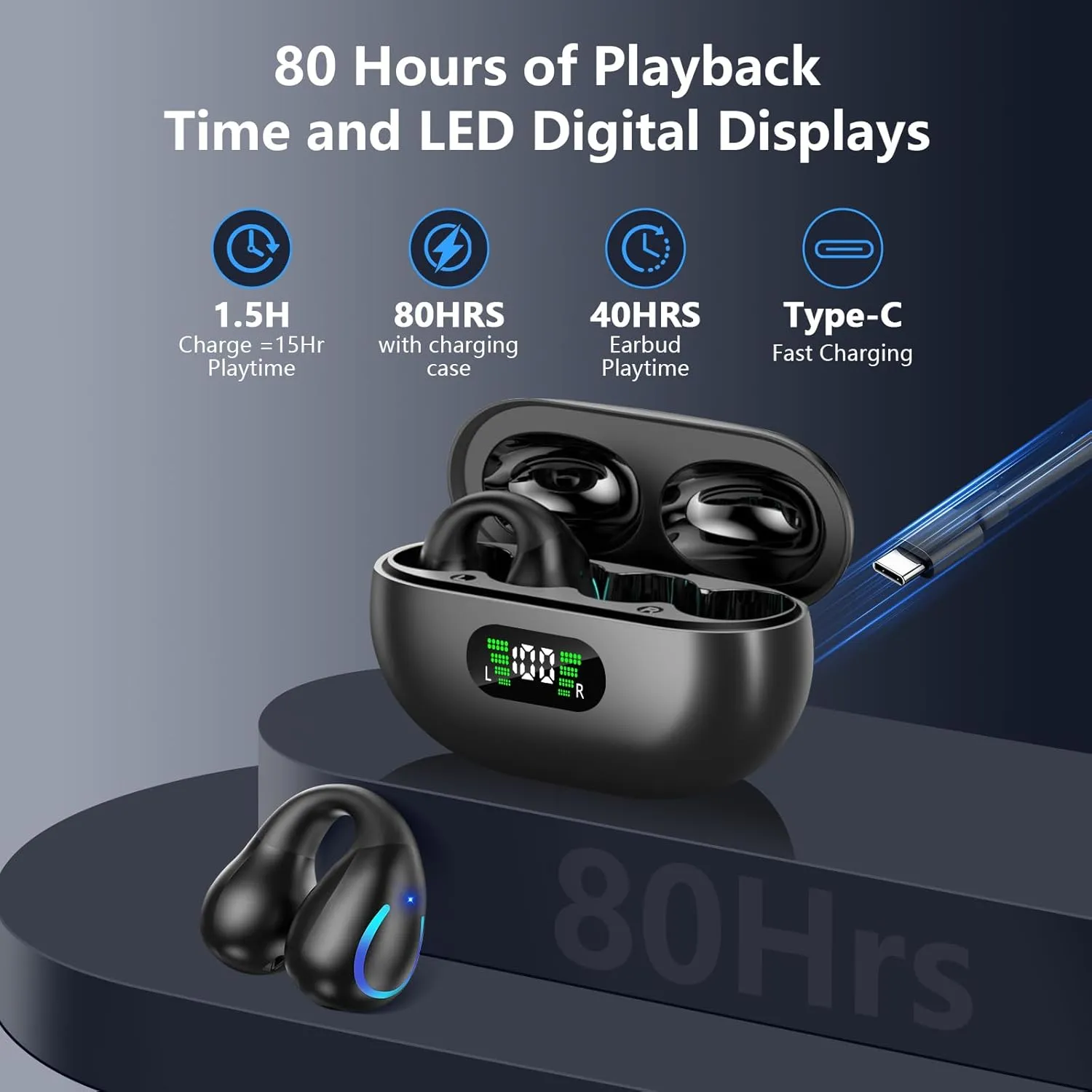 Open Ear Bone Conduction Headphones Wireless Bluetooth 5.3 Clip On Earbuds with Digital Display Charging Case Mini Sport Earphones Built-in Mic IPX7 Waterproof for Running Fitness Black
