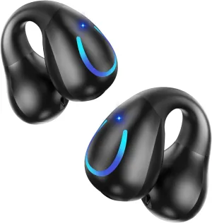 Open Ear Bone Conduction Headphones Wireless Bluetooth 5.3 Clip On Earbuds with Digital Display Charging Case Mini Sport Earphones Built-in Mic IPX7 Waterproof for Running Fitness Black