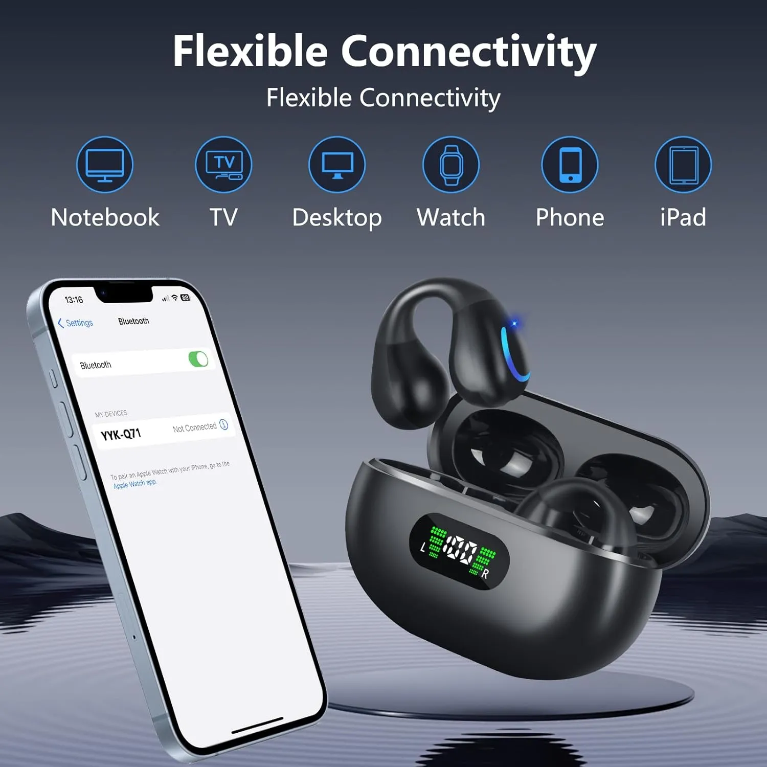 Open Ear Bone Conduction Headphones Wireless Bluetooth 5.3 Clip On Earbuds with Digital Display Charging Case Mini Sport Earphones Built-in Mic IPX7 Waterproof for Running Fitness Black