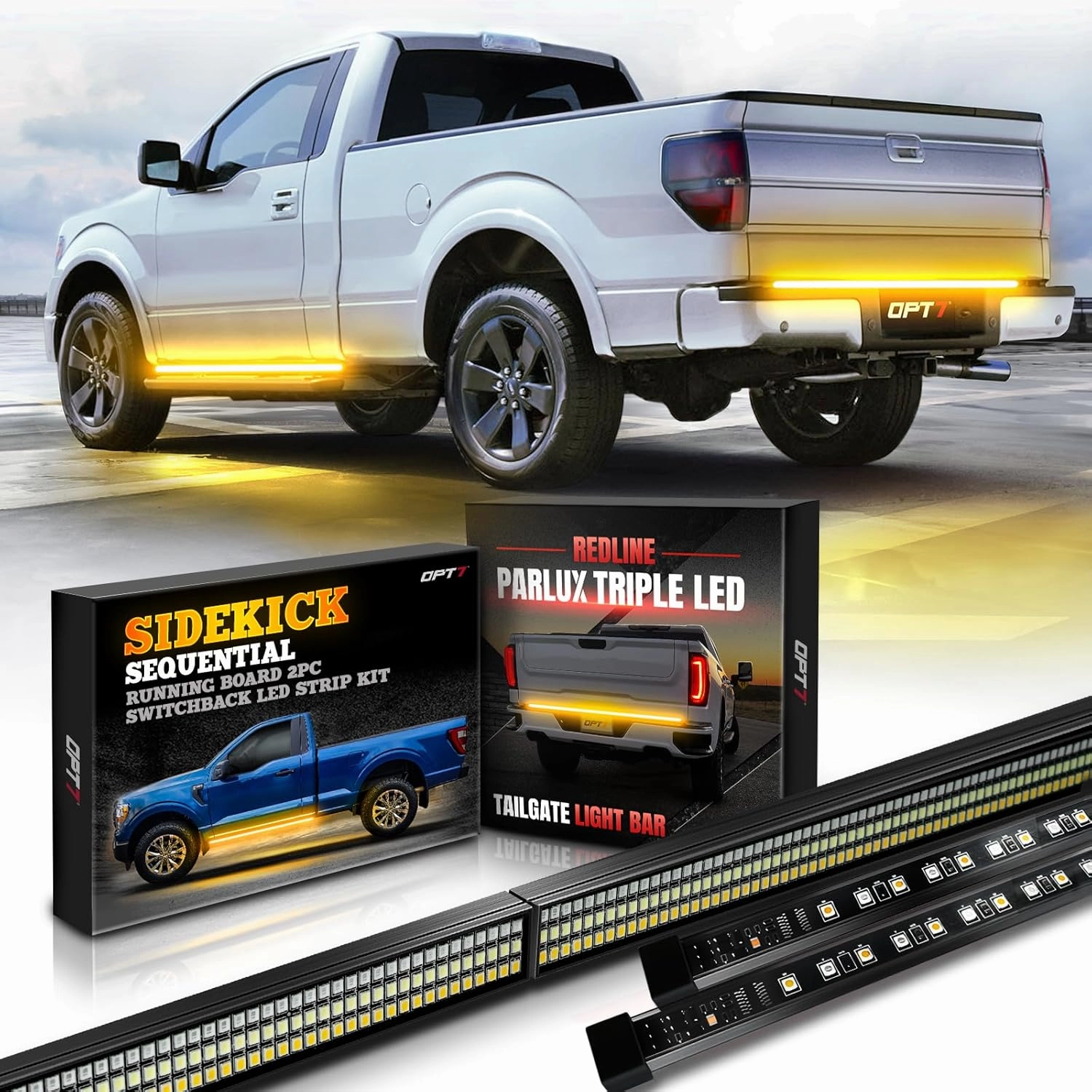 OPT7 Sidekick 60" Running Board Lights 2PCS LED Strips & 60" Triple Parlux LED Tailgate Light Bar with Sequential Amber Turn Signal