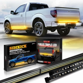 OPT7 Sidekick 60" Running Board Lights 2PCS LED Strips & 60" Triple Parlux LED Tailgate Light Bar with Sequential Amber Turn Signal