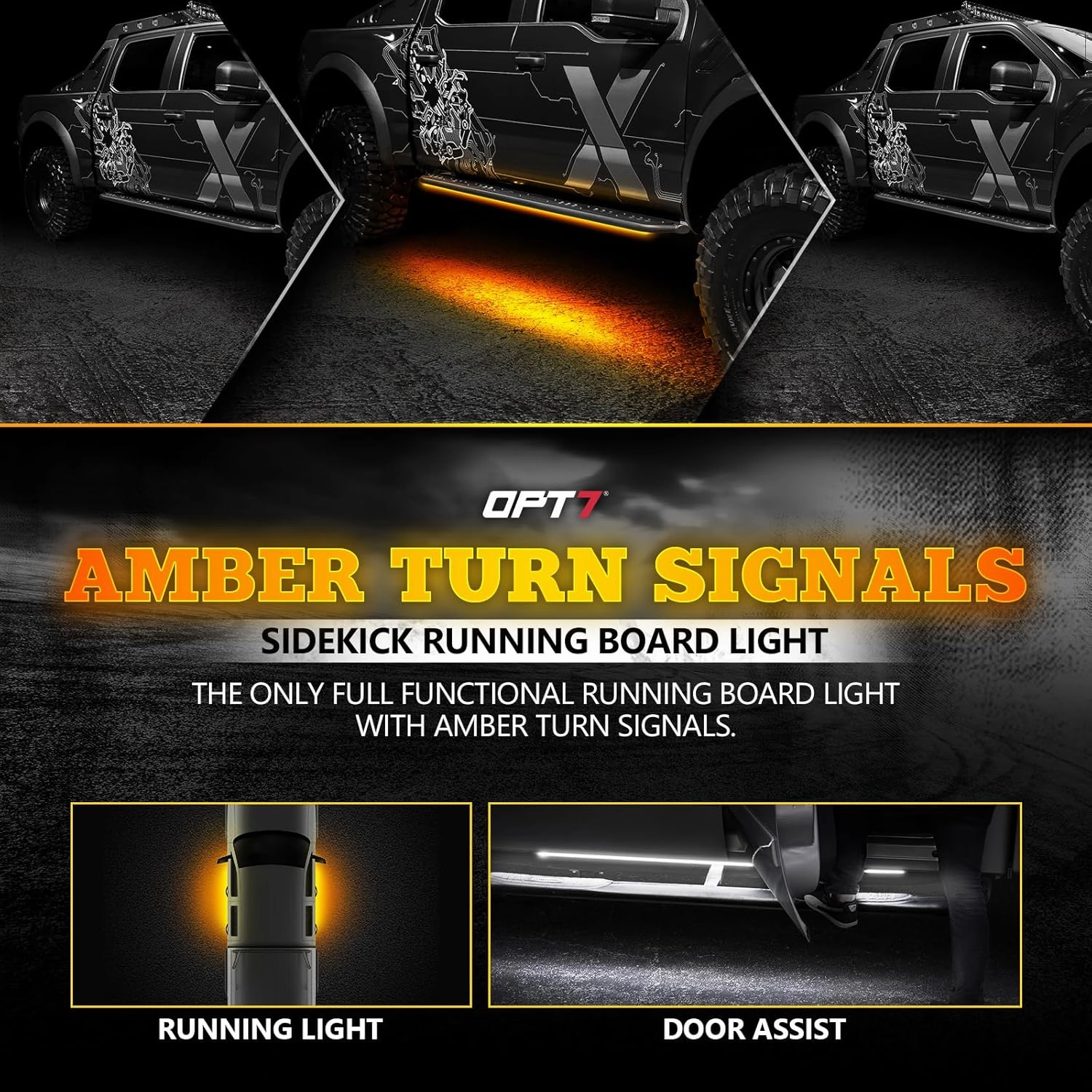 OPT7 Sidekick 78" Running Board Lights 2PCS LED Strips w/Amber Turn Signal, DRL, White Courtesy Light for Extended Crew Cab Trucks Pickup Trailer