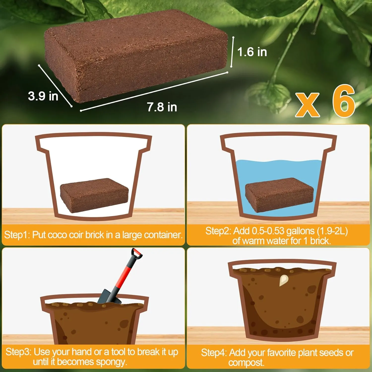 Organic Coco Coir 6 Pcs Compressed Coconut Coir Bricks Coconut Fiber Husk Substrate Mulch Coconut Bark Core Growing Medium Peat Moss Soil High Nutrition for Plants Gardening Seed Starting Soil Mix