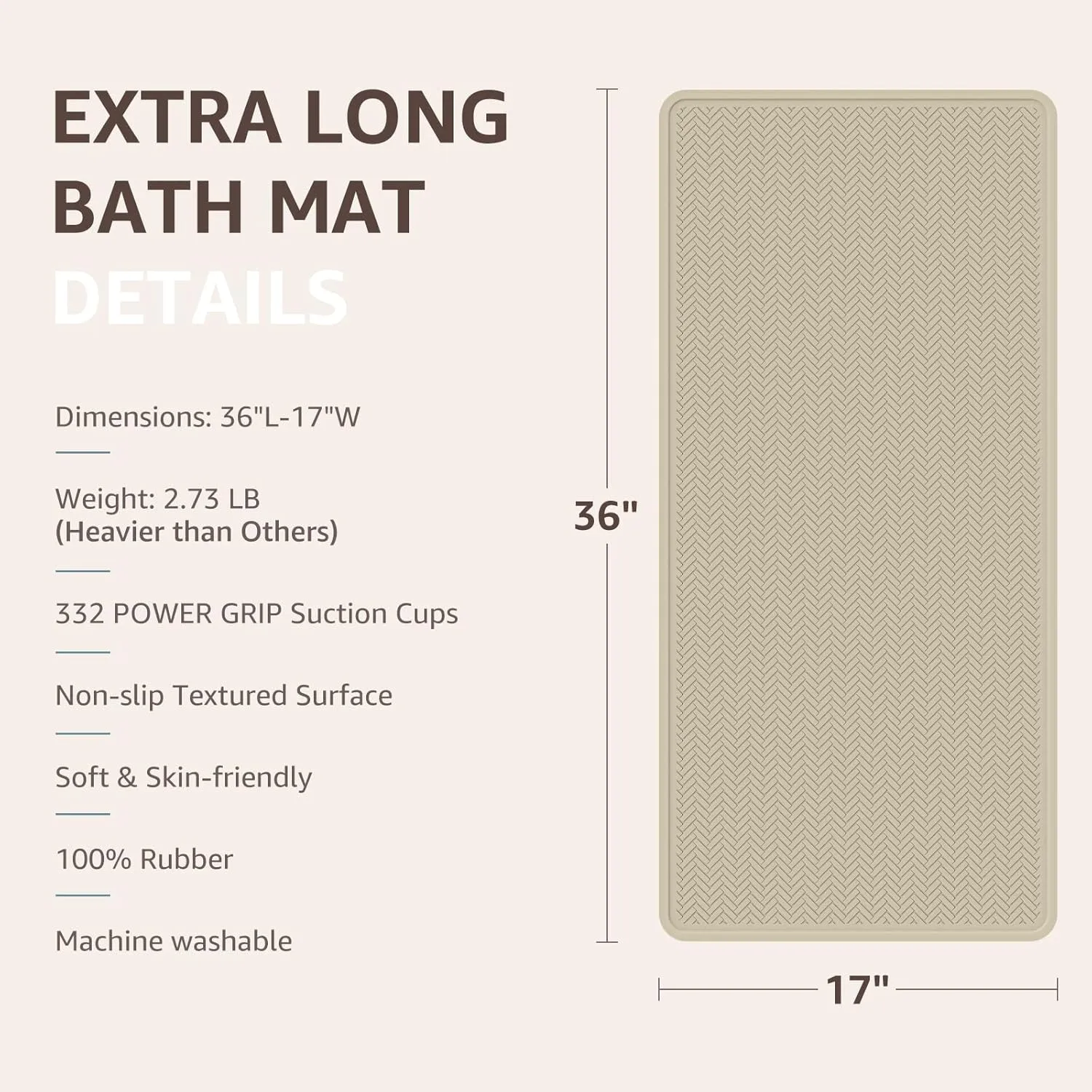 OTHWAY Bathtub Mat Non Slip, Extra Long Rubber Bath Mat for Tub, Machine Washable Shower Anti Slip Mat with 332 Strong Suction Cups (Brown, 36" x 17")