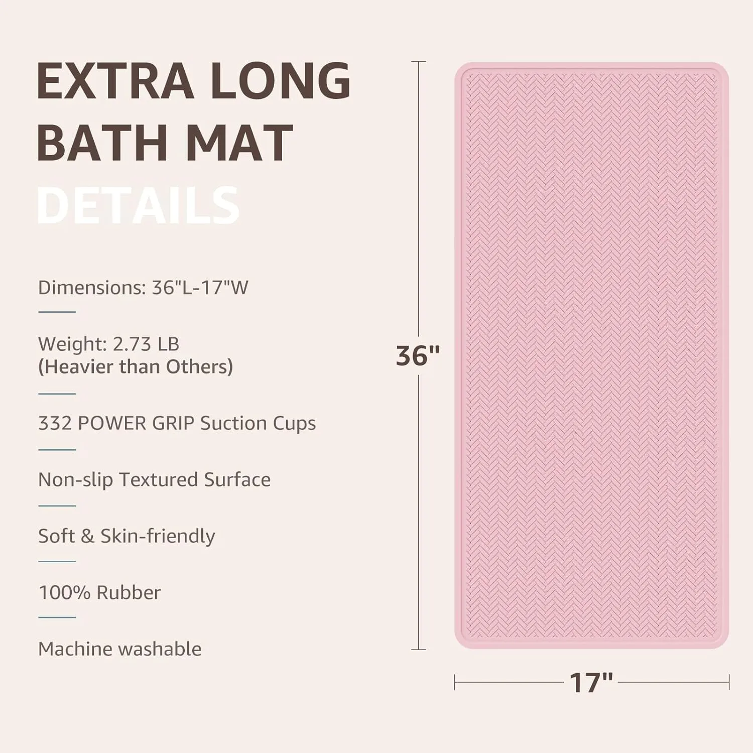 OTHWAY Bathtub Mat Non Slip, Extra Long Rubber Bath Mat for Tub, Machine Washable Shower Anti Slip Mat with 332 Strong Suction Cups (Pink)