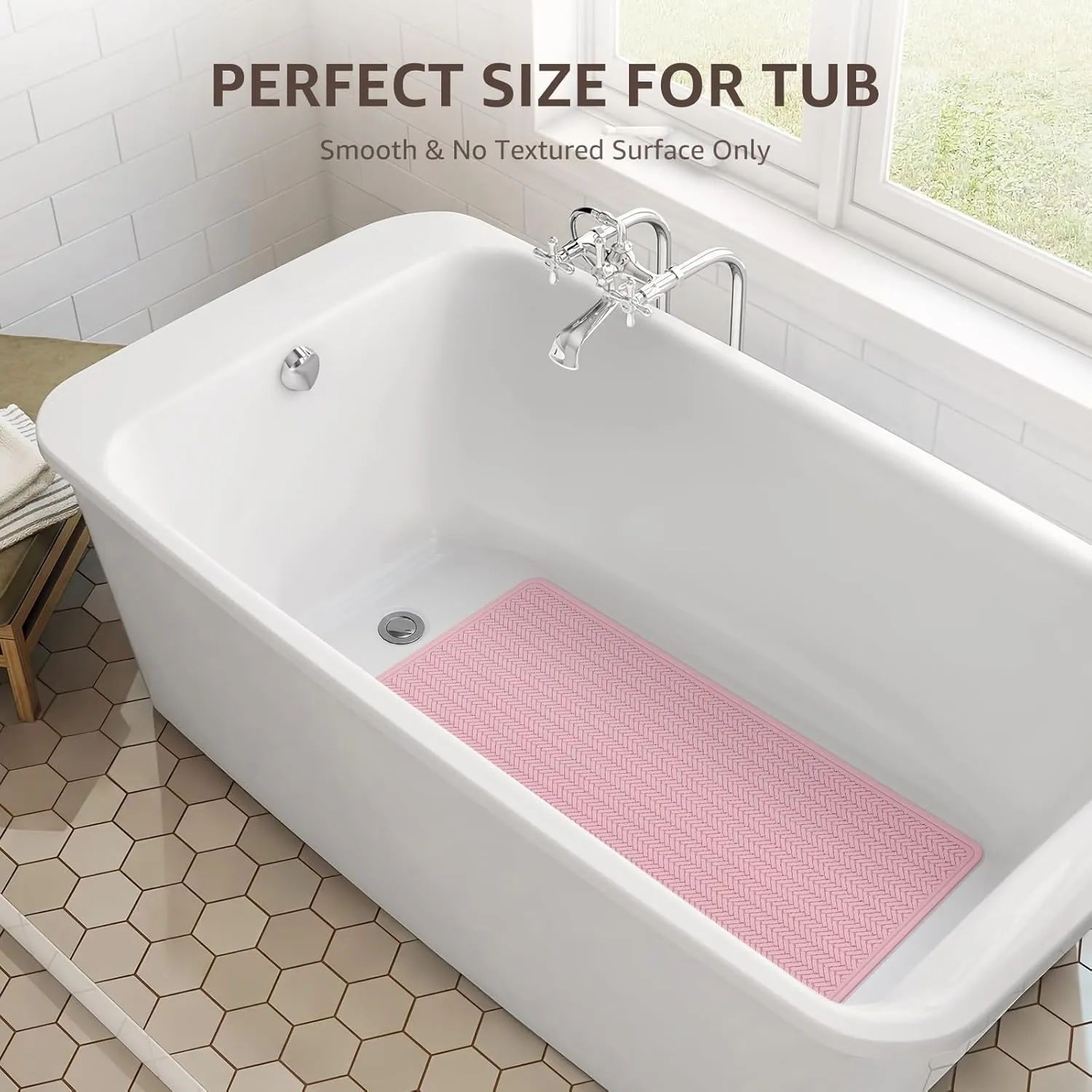 OTHWAY Bathtub Mat Non Slip, Extra Long Rubber Bath Mat for Tub, Machine Washable Shower Anti Slip Mat with 332 Strong Suction Cups (Pink)