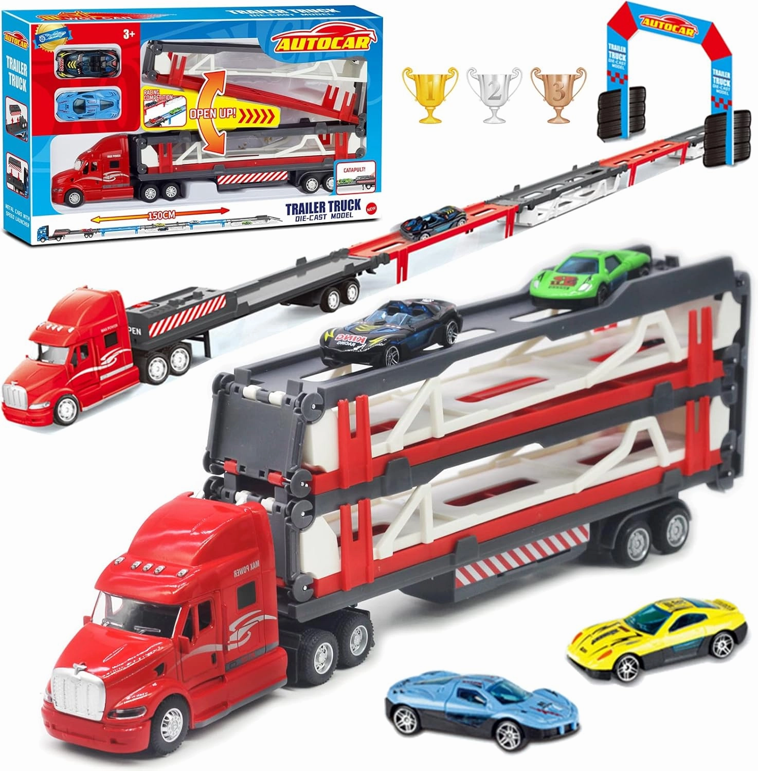 OTONOPI Race Car 59 Inch Transporter Truck Toy Set Mega Hauler Carrier Trucks with Race Track Storage Transporter Toy Truck with 2 Metal Cars for Kids Toddlers Boys Girls Age 3 