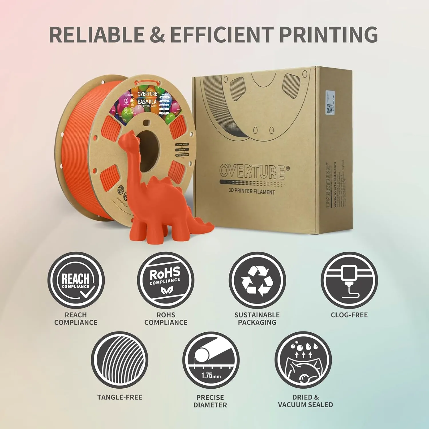 OVERTURE Easy PLA 1.75mm 3D Printer Filament, 1kg PLA Cardboard Spool (2.2lbs), Dimensional Accuracy  /- 0.02mm, Fit Most FDM Printer (Easy Orange)