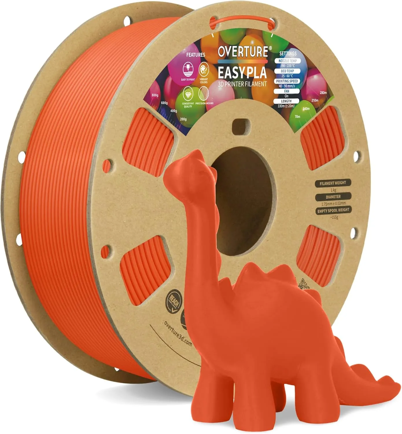 OVERTURE Easy PLA 1.75mm 3D Printer Filament, 1kg PLA Cardboard Spool (2.2lbs), Dimensional Accuracy  /- 0.02mm, Fit Most FDM Printer (Easy Orange)