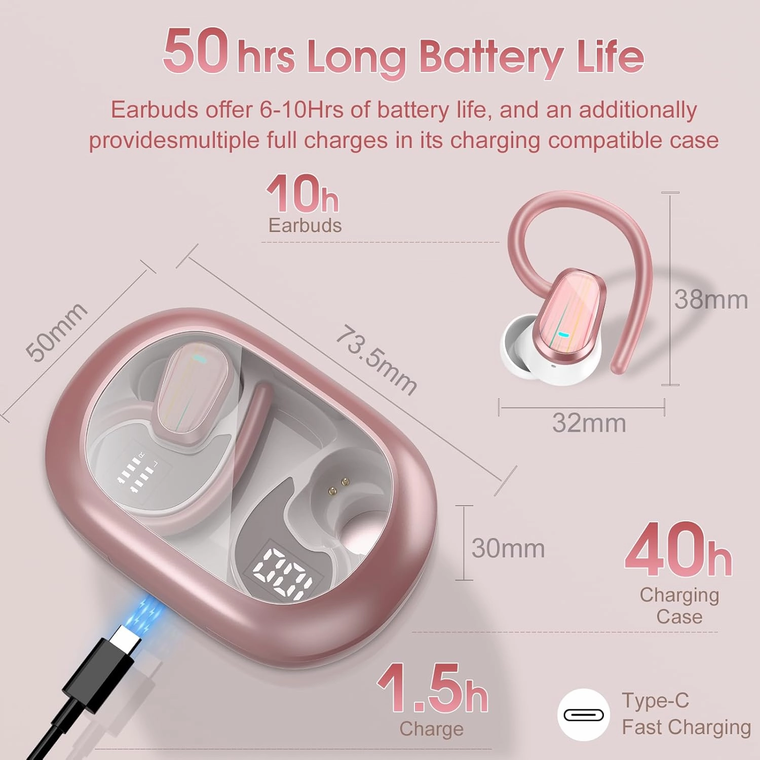OYIB Wireless Earbuds Bluetooth 5.4 Headphones Sport, Stereo Deep Bass Bluetooth Earbuds with Earhooks, 50H Over Ear Bud with ENC Mic, IP7 Waterproof Wireless Earphone for Workout/Running, Pink