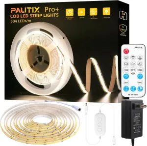 PAUTIX COB LED Strip Light 3780LEDs,Super Bright 8000Lumen 4000K Natural White 24ft,Dimmable 24V LED Tape Light with 3M Tape,RF Remote with Timer Function,48W Power Supply,for Bedroom,Home,Kitchen DIY