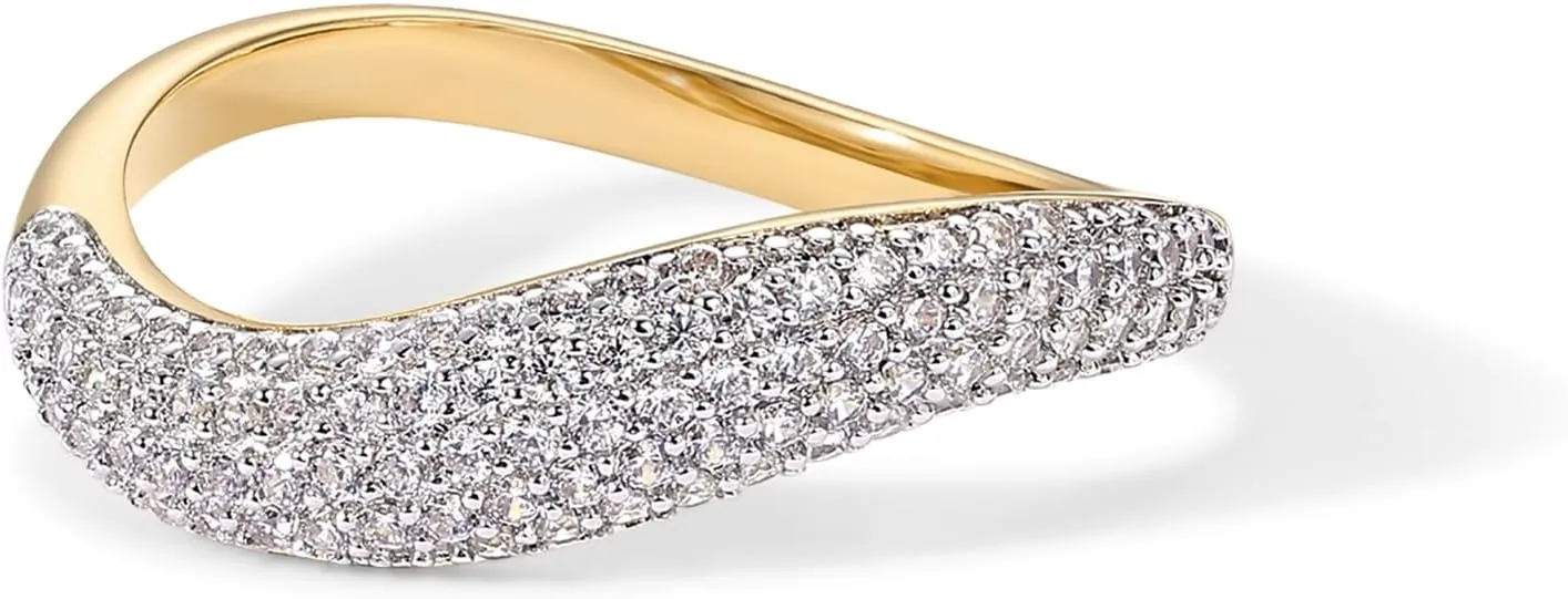 PAVOI 14K Gold Plated Wavy Cubic Zirconia Stackable Ring for Women | Twisted Wave CZ Band | Delicate Eternity Rings