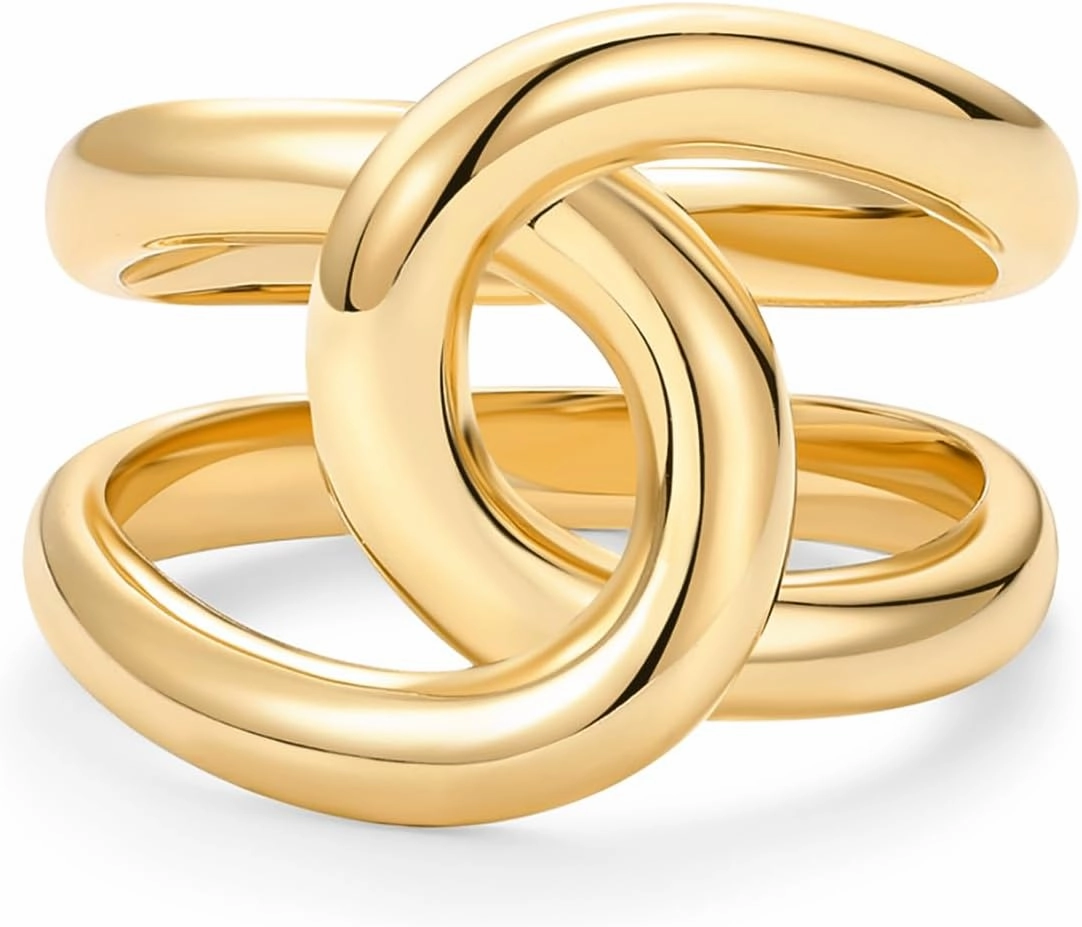 PAVOI 14K Gold Plated Chunky Interlock Statement Ring for Women | Interloop Band Thick Link Stackable Rings