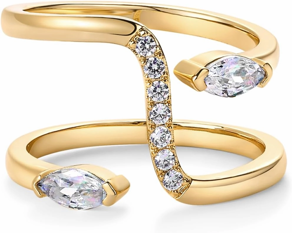 PAVOI 14K Gold Plated Cubic Zirconia Bypass Open Band Stackable Ring for Women | CZ Statement Eternity Rings