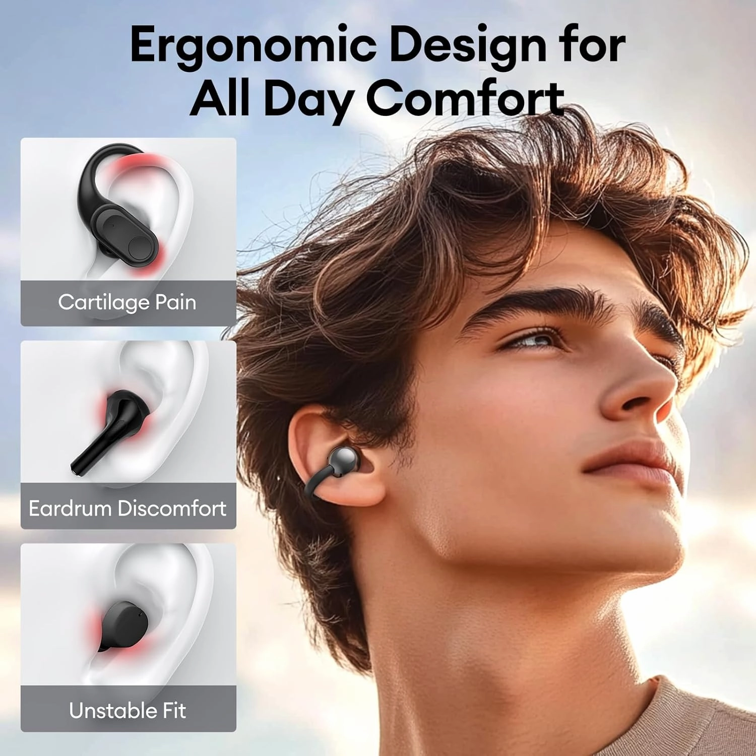 PAXA M100 Clip On Ear Headphones, Open Ear Earbuds Wireless Bluetooth 5.4, Clip On Earbuds with LCD Touchscreen, Lightweight Comfort Open Ear Headphones for Sports, Fitness, and Workouts, Black