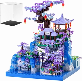 Peach Blossom Pond Japanese Architecture Building Blocks Set for Adults and Kids with Acrylic Display Cover, Micro Mini Bricks Cherry Blossom Tree House Building Kit 2500 PCS