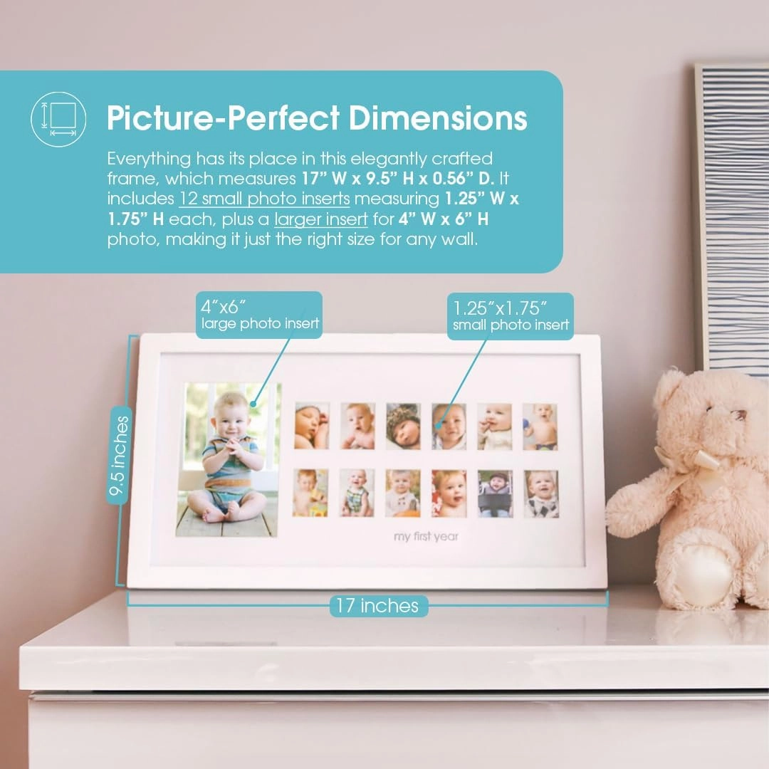 Pearhead My First Year Photo Moments, Baby's First Twelve Months Photo Collage and Gender Neutral Keepsake, Ideal for Baby Shower, New Mom Gift and Nursery Decor, 13 Photo Inserts, White