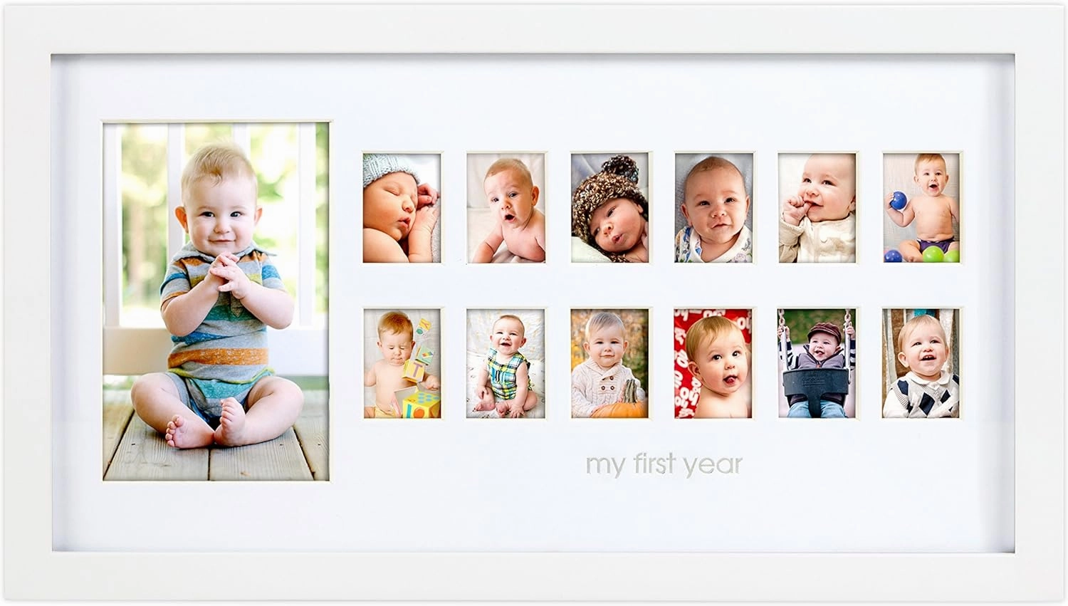 Pearhead My First Year Photo Moments, Baby's First Twelve Months Photo Collage and Gender Neutral Keepsake, Ideal for Baby Shower, New Mom Gift and Nursery Decor, 13 Photo Inserts, White