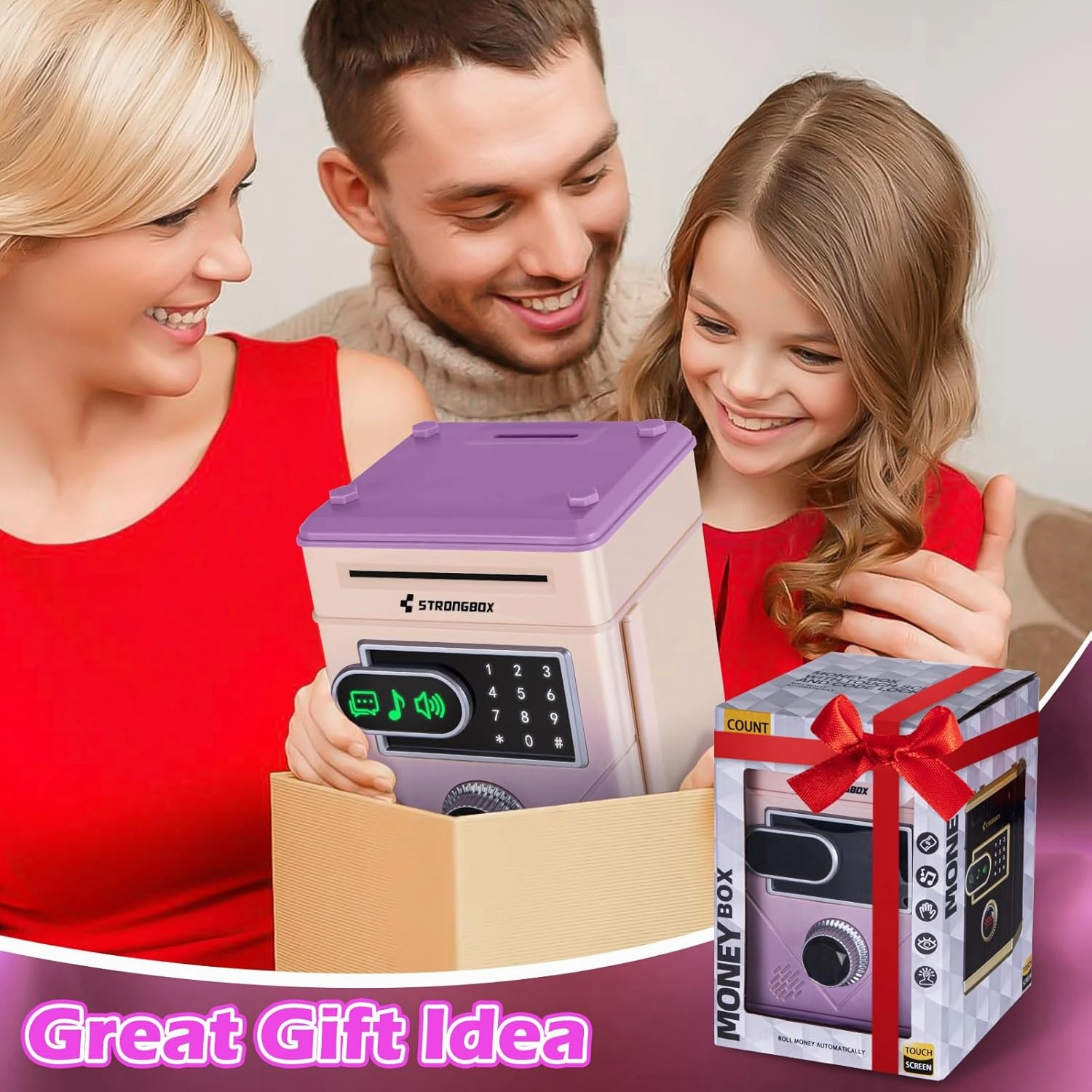 Piggy Bank for Kids, Touchscreen Money Bank Toys for 4 5 6 7 8 9 10 11 12 13 Year Old Boys Gift Ideas, Electronic Money Saving Box for Girls, Birthday Gifts for Boys ATM Machine for Kids