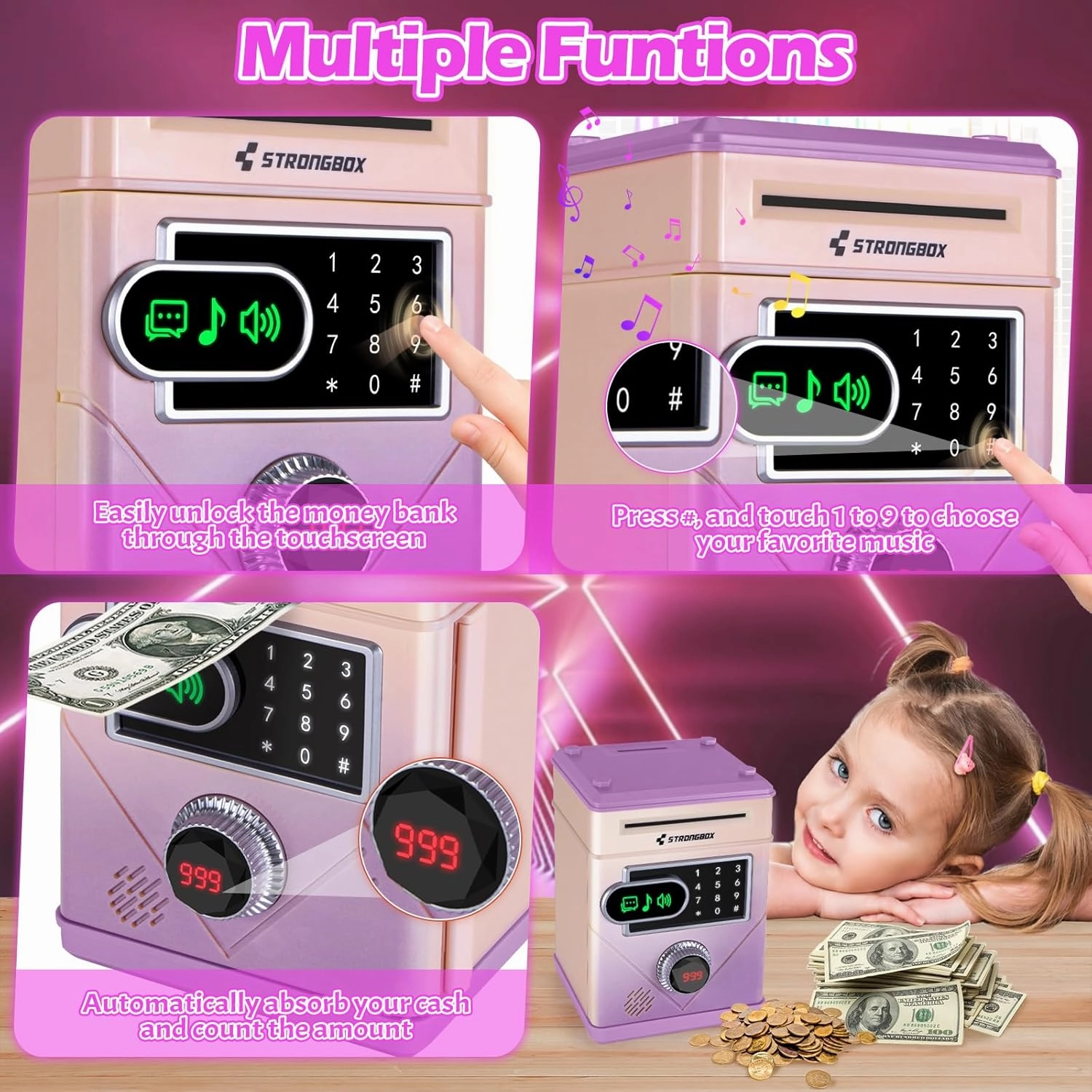 Piggy Bank for Kids, Touchscreen Money Bank Toys for 4 5 6 7 8 9 10 11 12 13 Year Old Boys Gift Ideas, Electronic Money Saving Box for Girls, Birthday Gifts for Boys ATM Machine for Kids