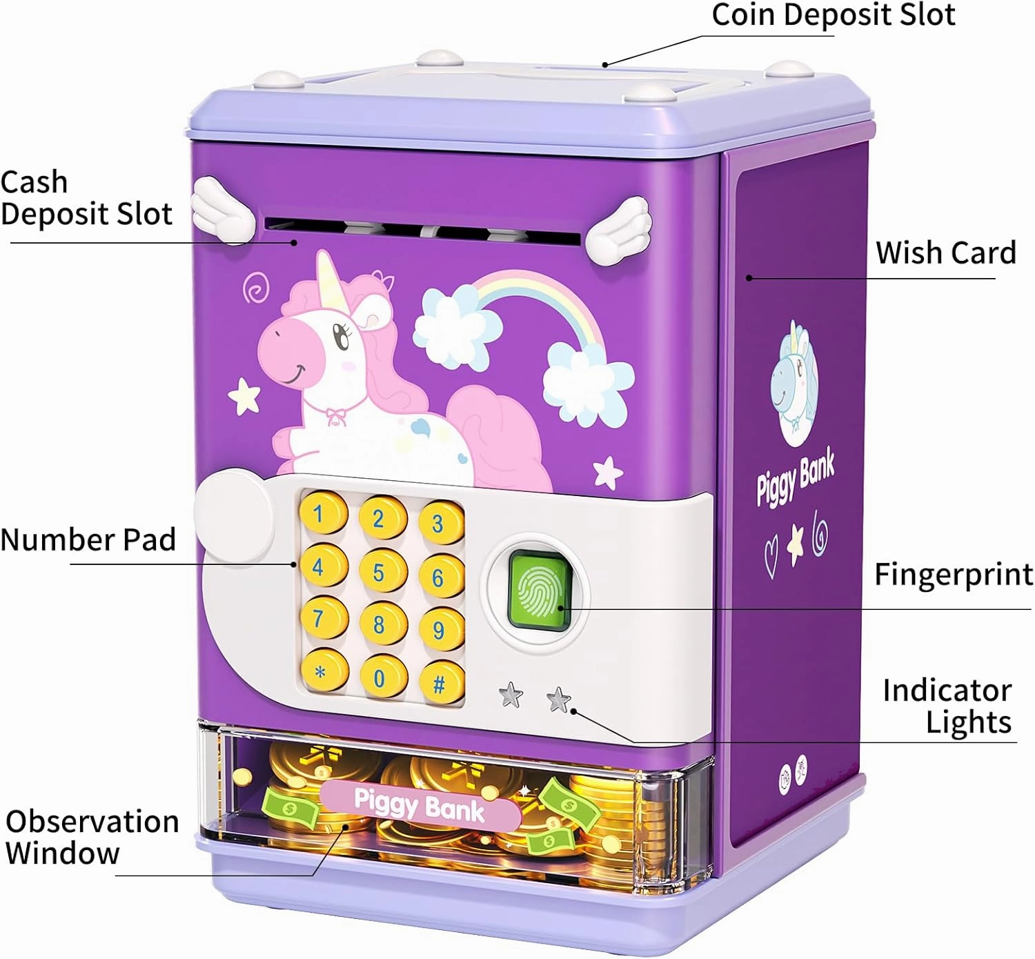 Piggy Bank Toy Electronic Mini ATM Savings Machine with Personal Password & Fingerprint Unlocking Simulation - Music Box with Songs for Kids, Boys and Girls Age 3-8 Years (Purple)