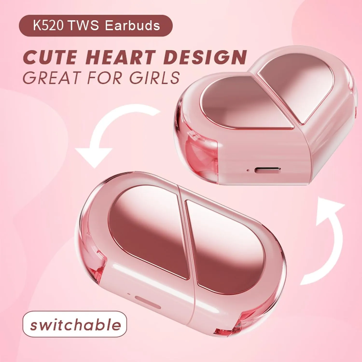 Pink Heart Wireless Earbuds for Girls Kids, Cute Mini Tiny Small Invisible Earbuds Wireless Bluetooth for Small Ears Canals Women Rose Gold Kawai Blue Tooth Ear Buds for iPhone Android
