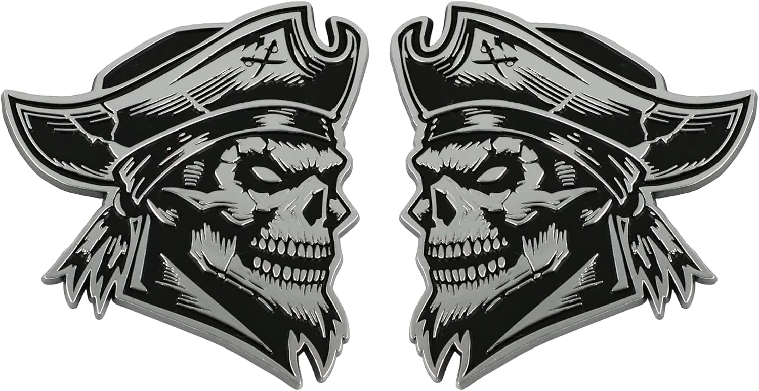 Pirate Emblem 3D Skull Badge, Custom Car Decal Sticker – Durable Exterior Trunk, Hood, Fender for Car, Truck, SUV (Set of 2) (Chrome)