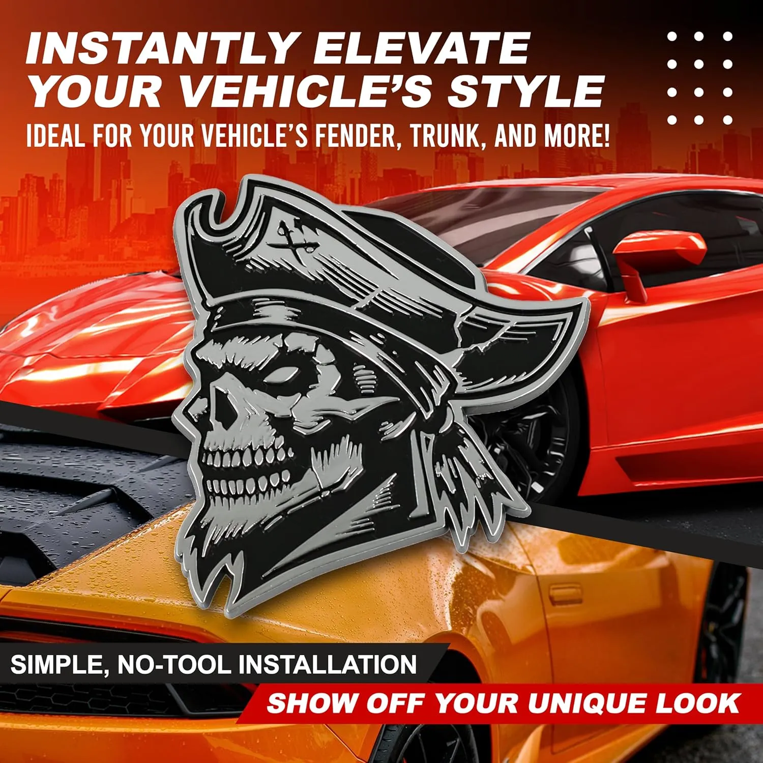 Pirate Emblem 3D Skull Badge, Custom Car Decal Sticker – Durable Exterior Trunk, Hood, Fender for Car, Truck, SUV (Set of 2) (Chrome)