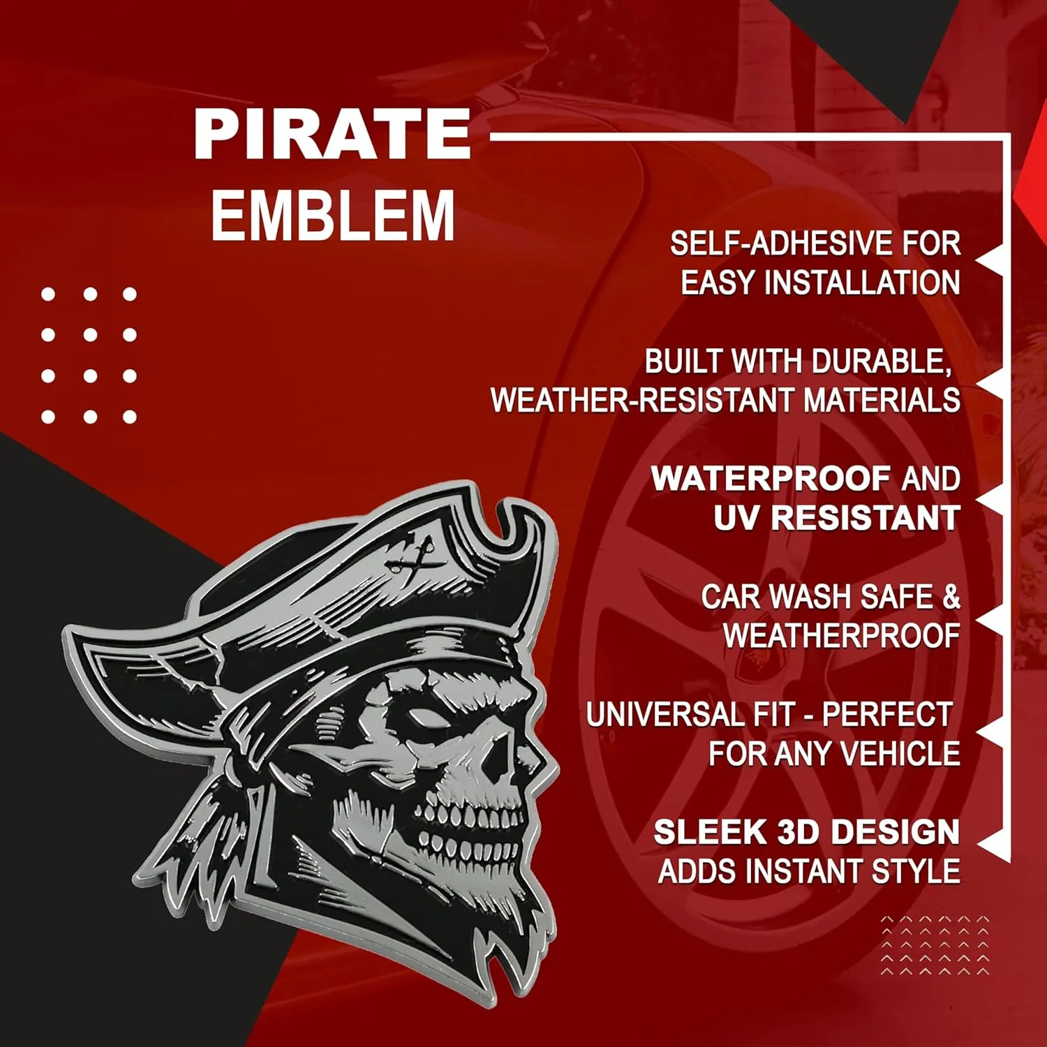 Pirate Emblem 3D Skull Badge, Custom Car Decal Sticker – Durable Exterior Trunk, Hood, Fender for Car, Truck, SUV (Set of 2) (Chrome)