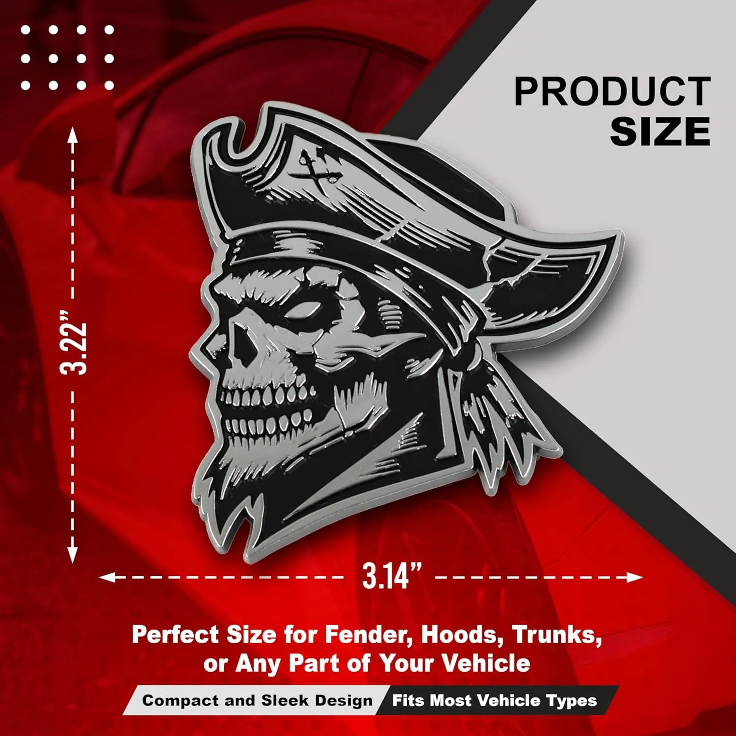 Pirate Emblem 3D Skull Badge, Custom Car Decal Sticker – Durable Exterior Trunk, Hood, Fender for Car, Truck, SUV (Set of 2) (Chrome)