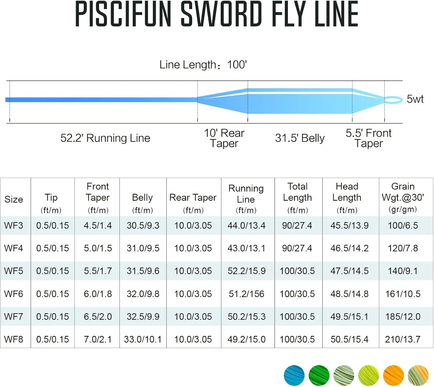 Piscifun Sword Fly Fishing Line with Welded Loop, Weight Forward Floating Fly Line, Available in WF1, WF2, WF3, WF4, WF5, WF6, WF7, WF8, WF9, and WF10 Weights, in Lengths of 90 and 100 Feet