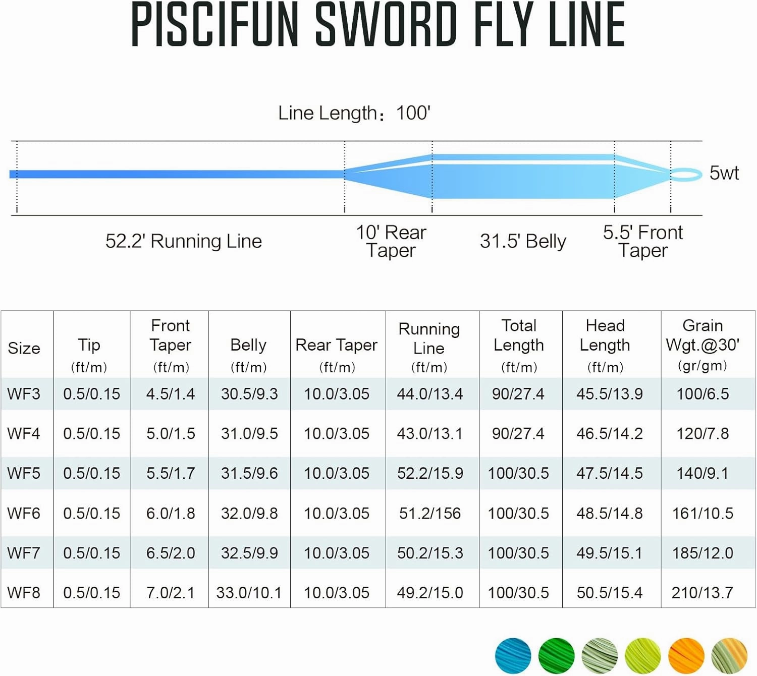 Piscifun Sword Fly Fishing Line with Welded Loop, Weight Forward Floating Fly Line, Available in WF1, WF2, WF3, WF4, WF5, WF6, WF7, WF8, WF9, and WF10 Weights, in Lengths of 90 and 100 Feet